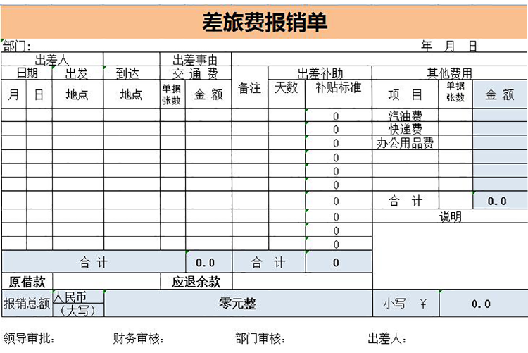 橙色風格差旅費報銷表Excel模板-1