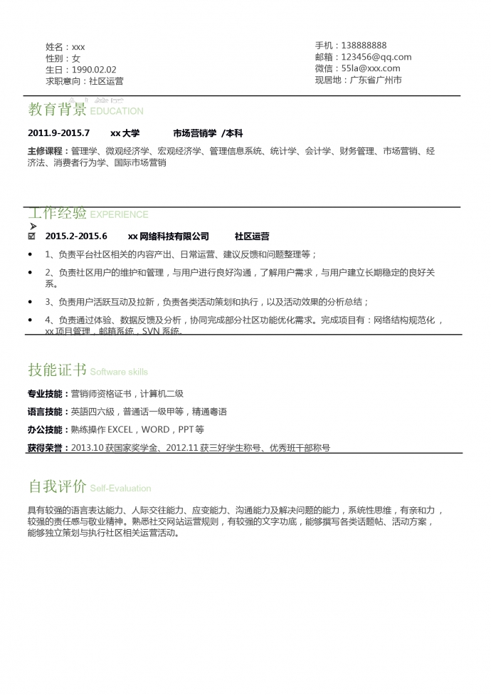 簡約大氣社區運營求職簡歷模板