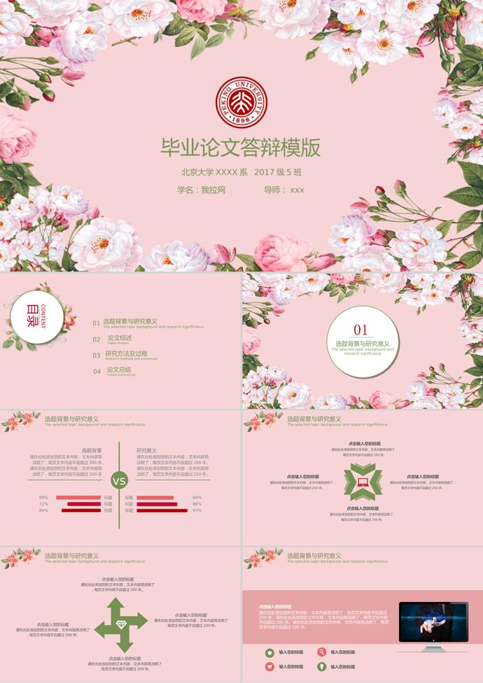 粉色清新花朵畢業論文答辯ppt模版