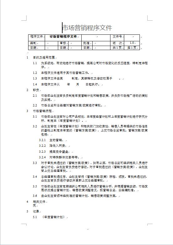 市場(chǎng)營(yíng)銷程序文件策劃書