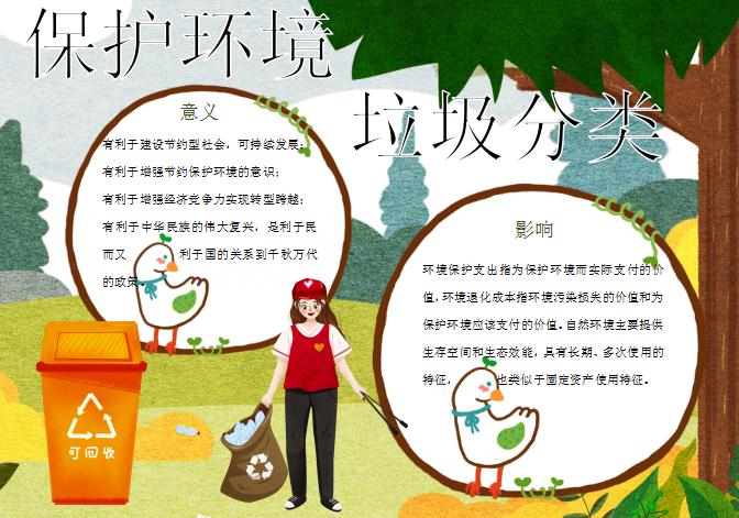 黃綠清新簡約環境保護垃圾分類手抄報模板