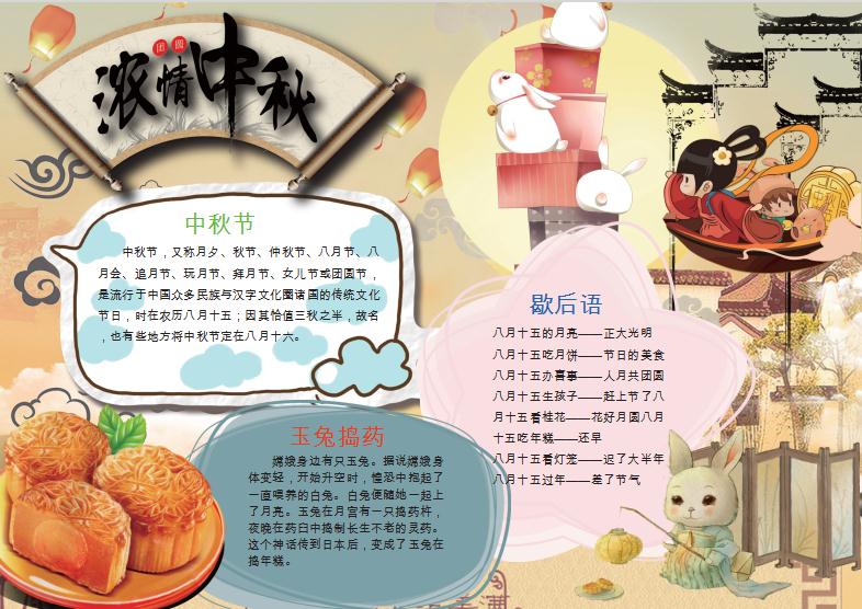 中秋節(jié)玉兔月餅小學(xué)生讀書小報手抄報Word模板