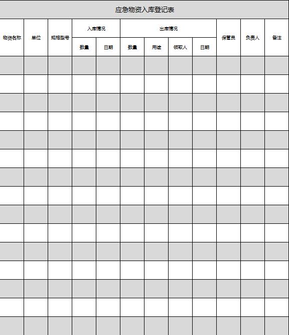 灰色系應(yīng)急物資出入庫登記表模板
