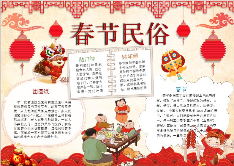 卡通春節(jié)民俗習(xí)俗小報手抄報Word模板
