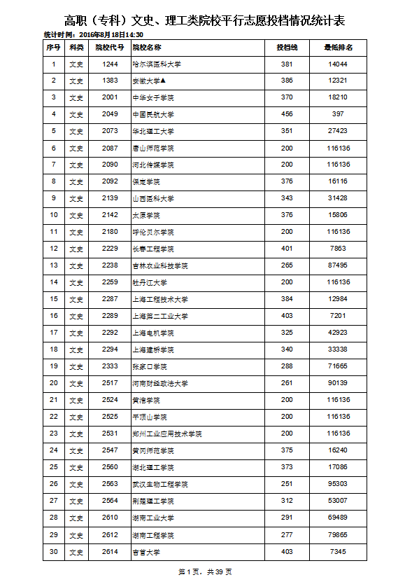 高職專科文史理工類院校平行志愿投檔情況統(tǒng)計(jì)表Excel模板