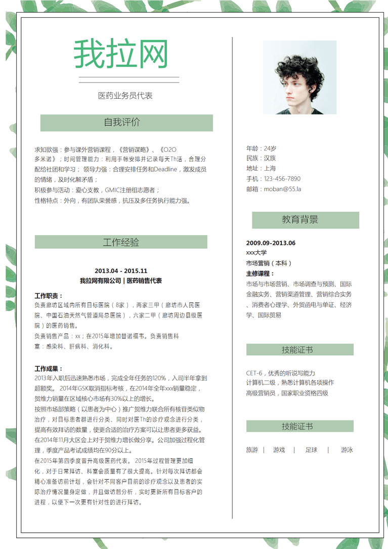 清新綠葉風格醫(yī)藥業(yè)務員代表簡歷模板-1
