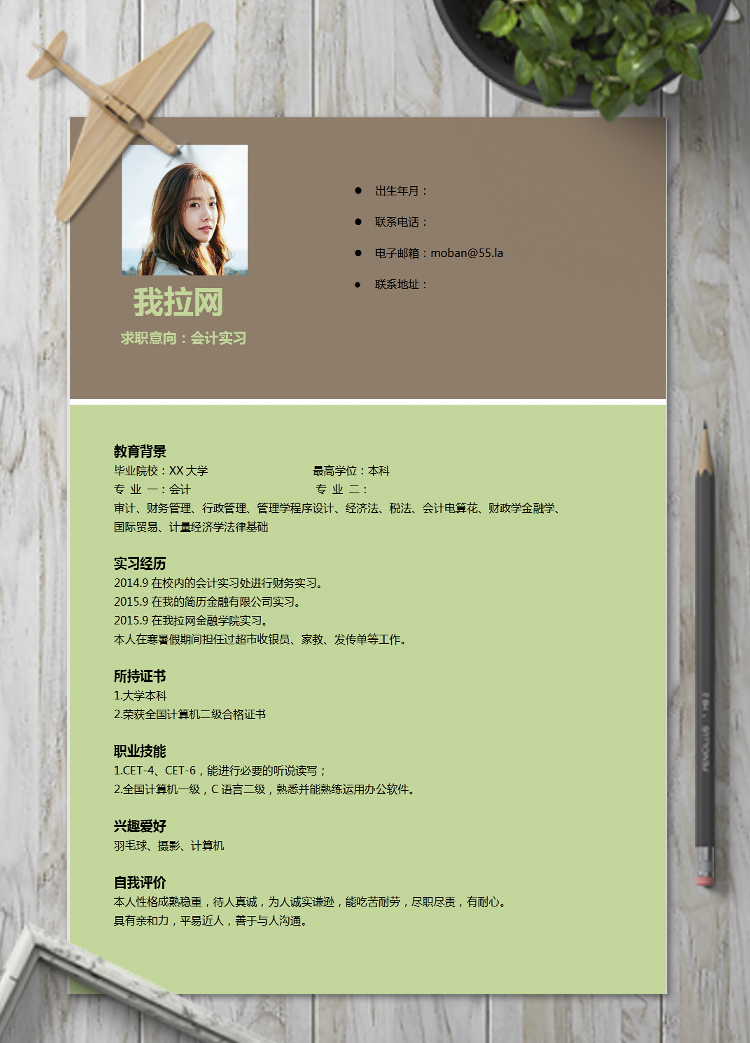 淡綠色簡約風(fēng)會計實(shí)習(xí)個人簡歷模板