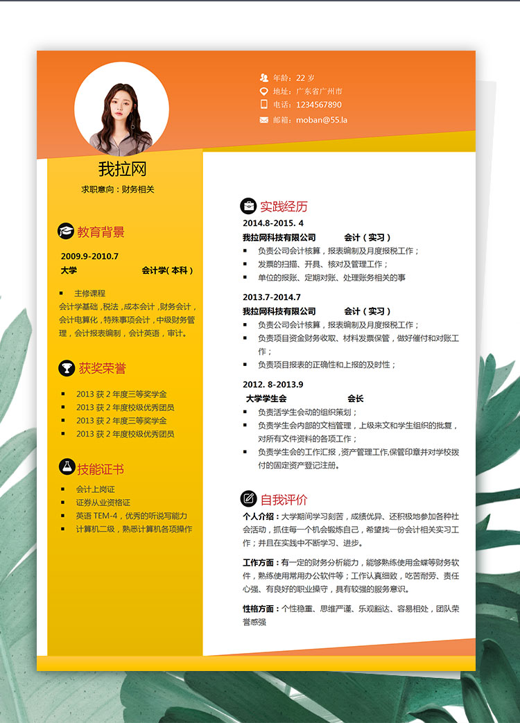 橘黃色創(chuàng)意風(fēng)格財務(wù)相關(guān)個人簡歷模板-1