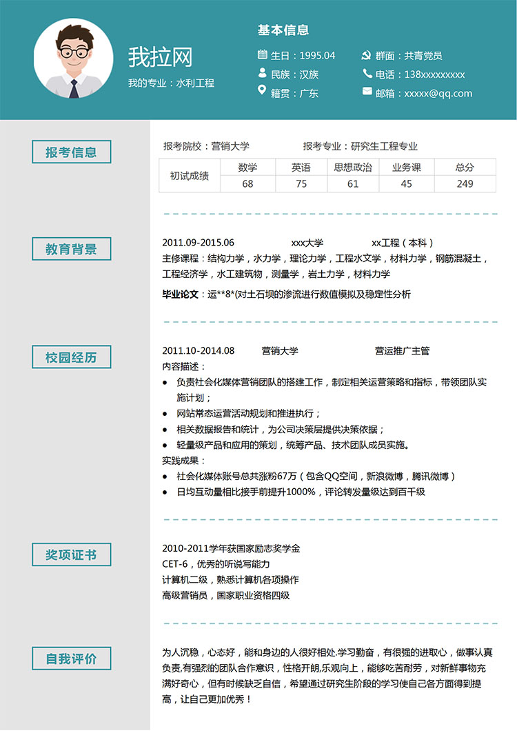 蔚藍(lán)色簡(jiǎn)約風(fēng)土木工程研究生簡(jiǎn)歷模板-1