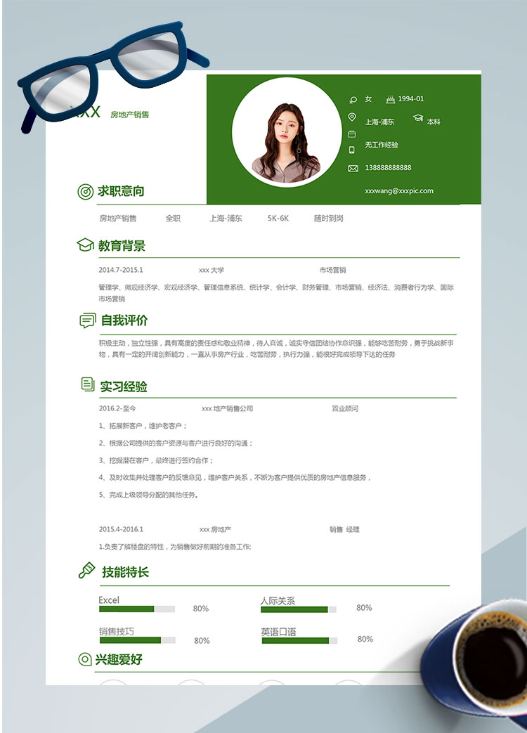 綠色大方房地產(chǎn)銷售個(gè)人簡歷模板