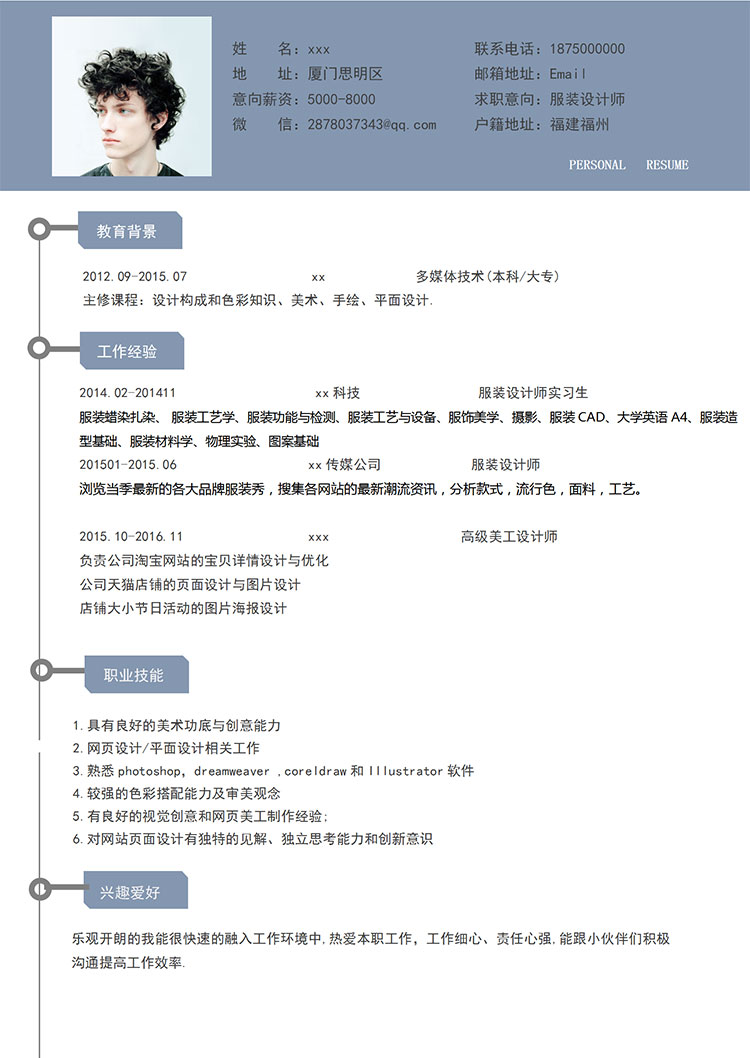 蔚藍色潮流服裝設(shè)計師個人簡歷模板-1