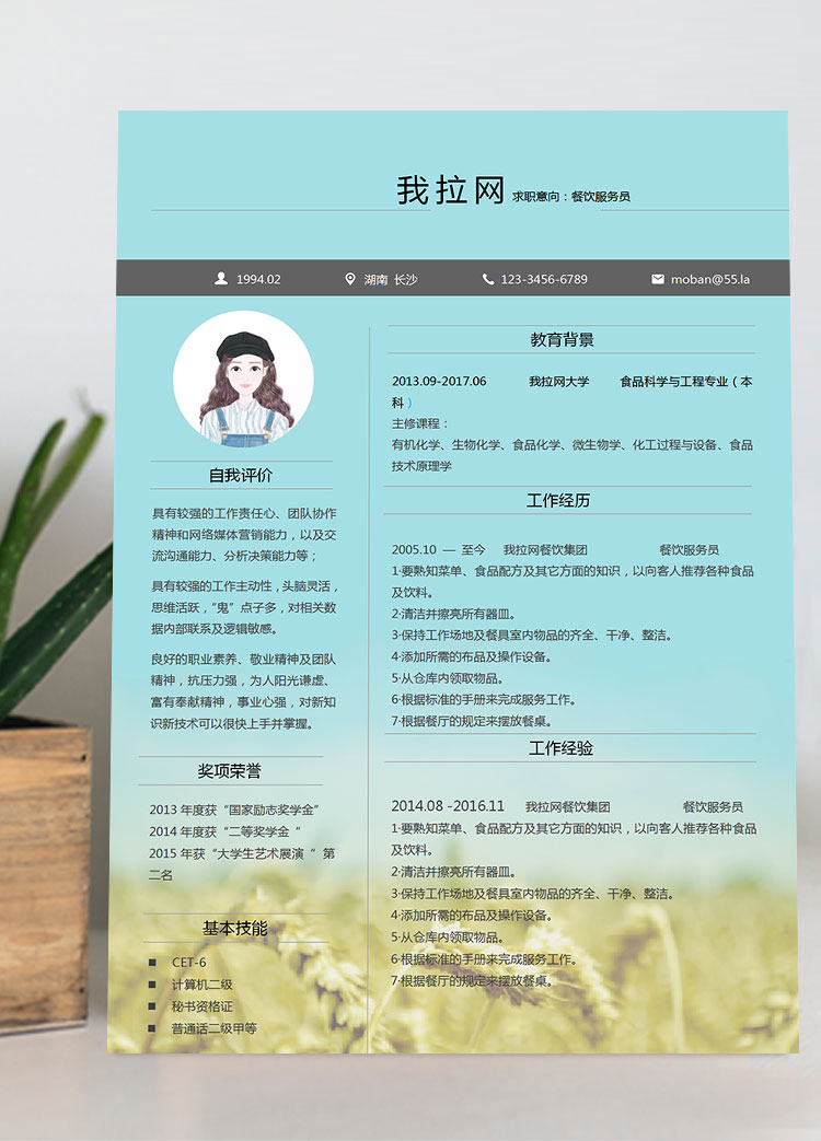 湖藍(lán)色個(gè)性風(fēng)餐飲服務(wù)員簡(jiǎn)歷模板