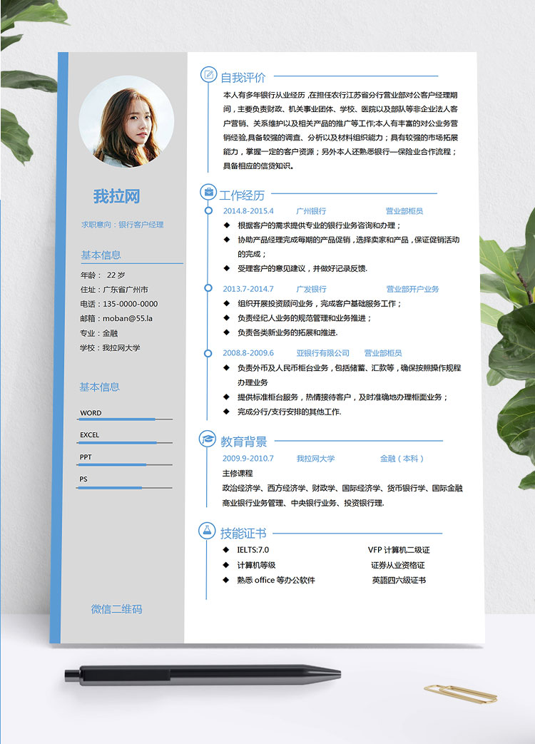 湖藍(lán)色簡約線條銀行客戶經(jīng)理簡歷