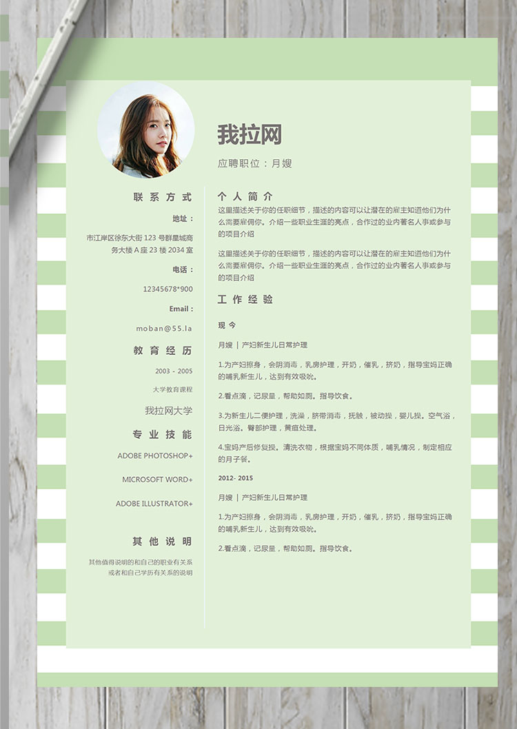 淺綠色系方框風(fēng)格月嫂簡(jiǎn)歷模板-1