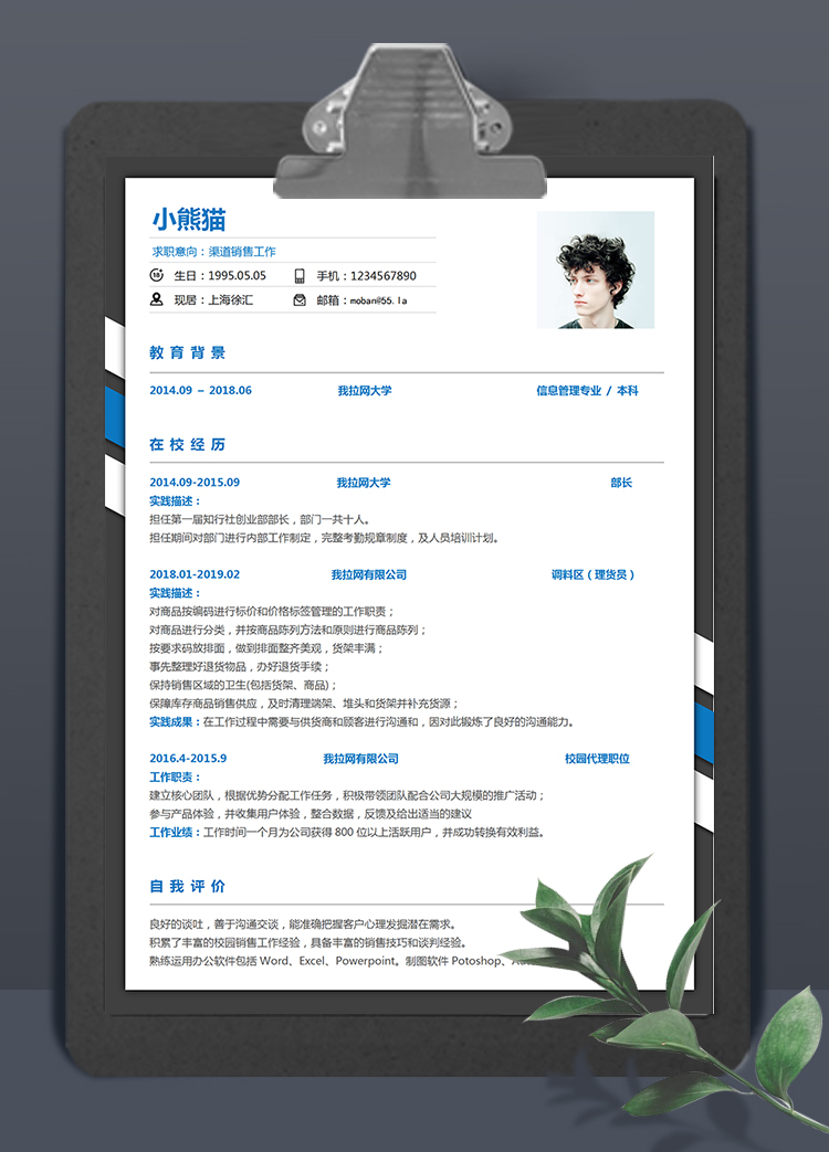 黑藍白外框商務(wù)風格渠道銷售個人簡歷模板