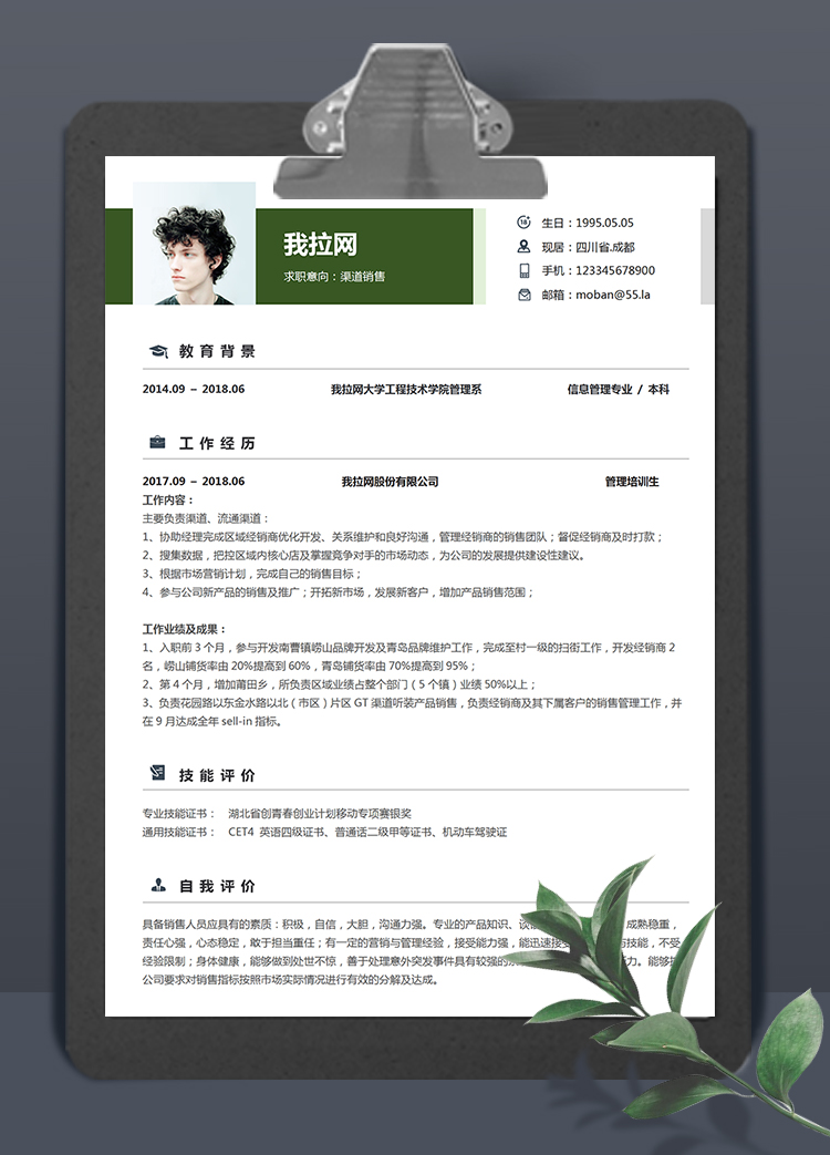 黑綠色大氣風(fēng)格渠道銷售個(gè)人簡歷模板