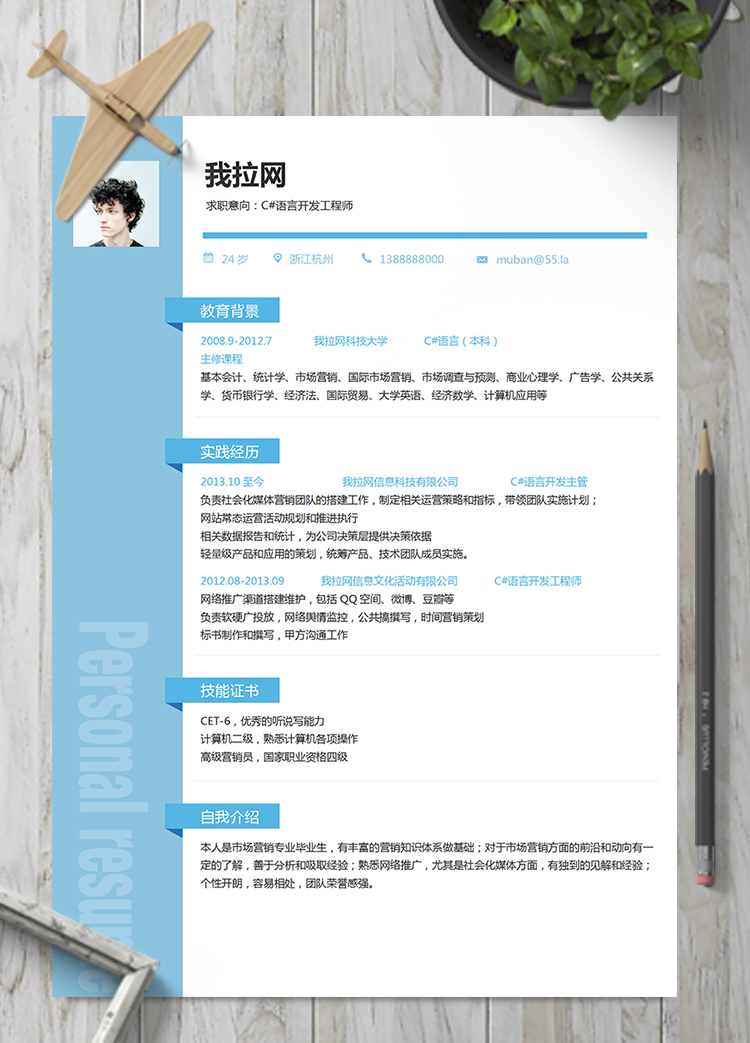 淡藍(lán)色優(yōu)雅簡約C#語言開發(fā)工程師簡歷