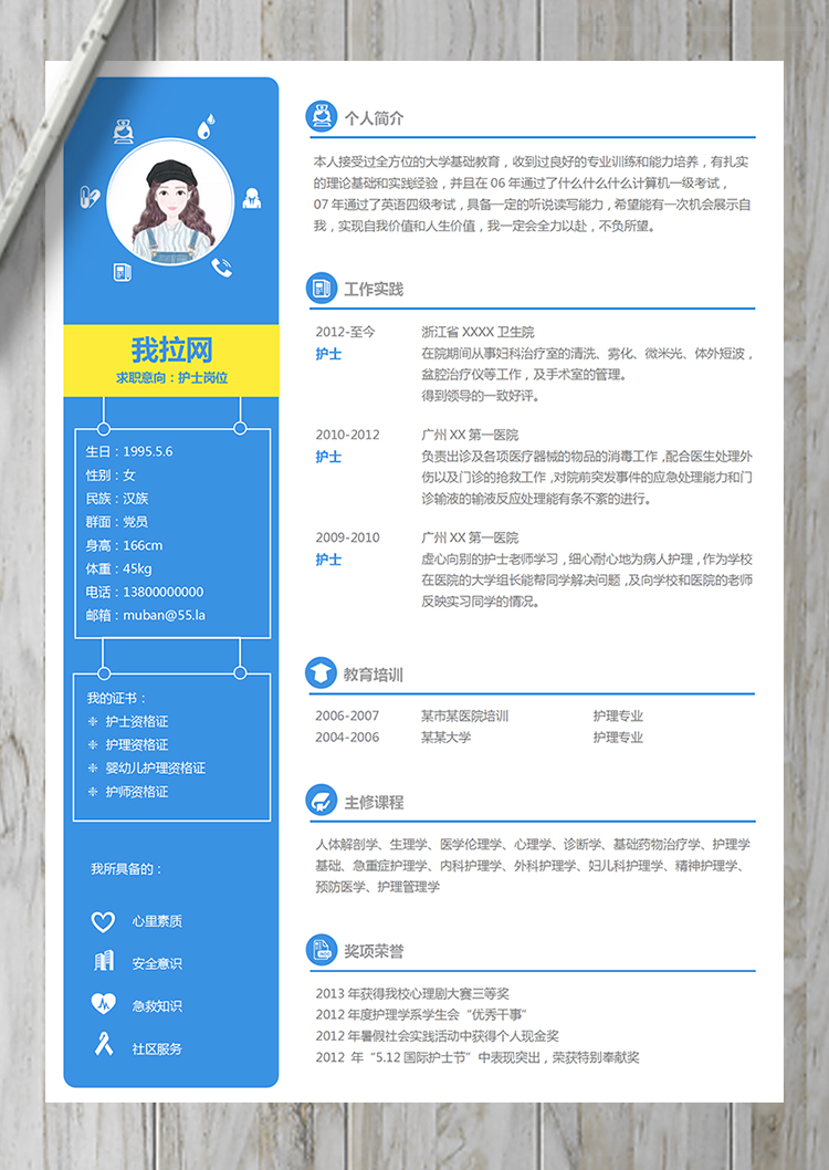 藍(lán)色明朗風(fēng)格護士護理簡歷模板-1
